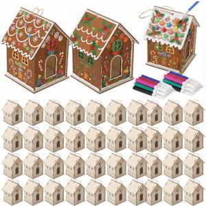 DoubleFill 48 Pcs Wood Gingerbread House DIY Craft Kit for Kids DIY Christmas Village Houses for Holiday Classroom Activities with 12 Color Markers Paint Your Own Wooden Birdhouse Set for Kids Gifts