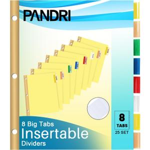 Binder Divider, PANDRI 200 Pack Binder Index Dividers with 8 Insertable Multicolor Big Tabs, Letter Size Paper Binder Divider for School Office Home Business