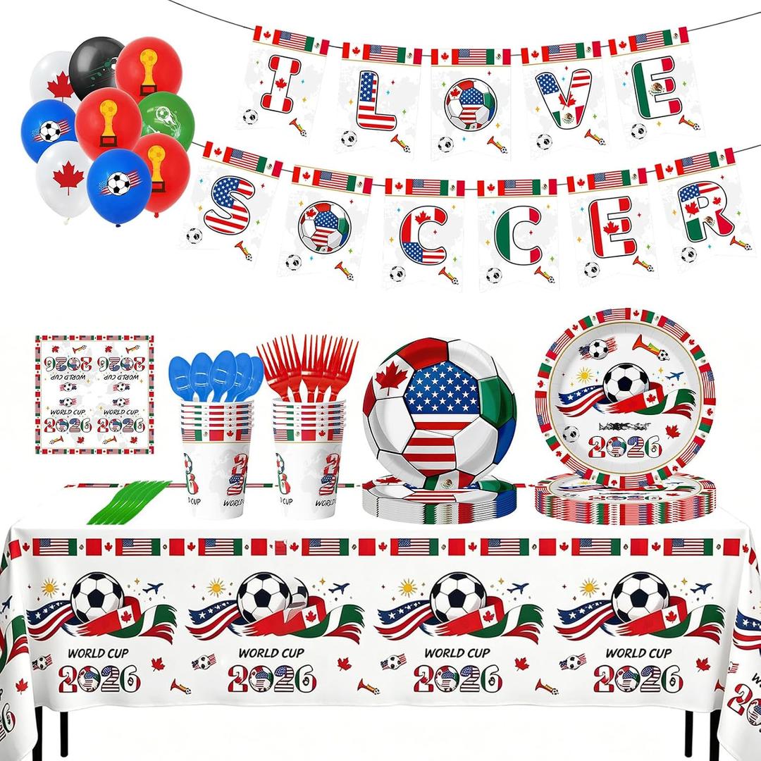 2026 World Soccer 102Pcs Birthday Party Decorations Includes Plates, Napkins, Cups, Banner, Tablecloths, Balloons, Cupcake Toppers for 2026 Soccer Party Decorations, Serves 10