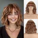 Light Brown Wavy Wig with Bangs Short Synthetic Curly Blonde Brown Highlight Wigs Heat Resistant Synthetic Fibre Wigs for Women Girls Daily Party Holiday Festival Chrismas