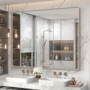 50x40 Silver Brushed Nickel Bathroom Mirror for Wall, Rounded Rectangle Silver Framed Bathroom Vanity Mirror, Anti-Rust, Shatterproof, Hangs Horizontally or Vertically