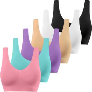 Womens Sports Bras, Yoga Comfort Seamless Stretchy Sports Bra for Women 3 Pack (Medium, 6 Pack Black White Nude Blue Pink Light Purple)
