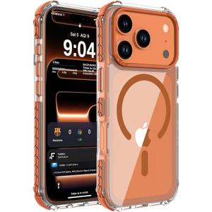 DEERLAMN Strong Magnetic Case for iPhone 17 Pro 6.3-Inch,[Compatible with Magsafe][Military Grade Drop Protection] Clear Slim Shockproof Protective Phone Cover-Transparent+Orange