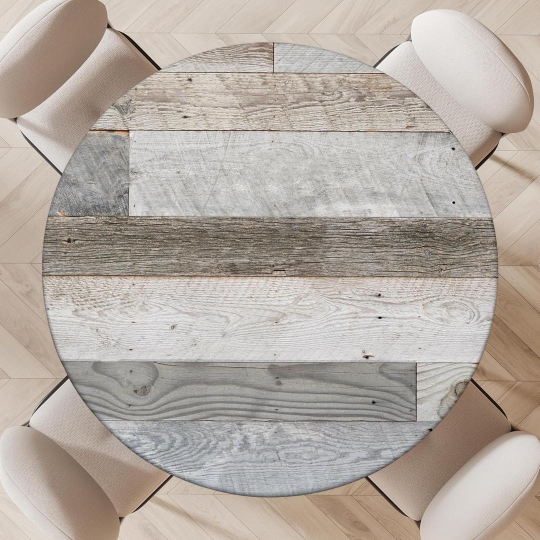 Farmhouse Round Fitted Table cover with Elastic Waterproof Outdoor Indoor Vinyl Tablecloth Washable Wipeable Table Cloth for Picnic Camping Party (Wood, Fits up to 36" - 44" Diameter)