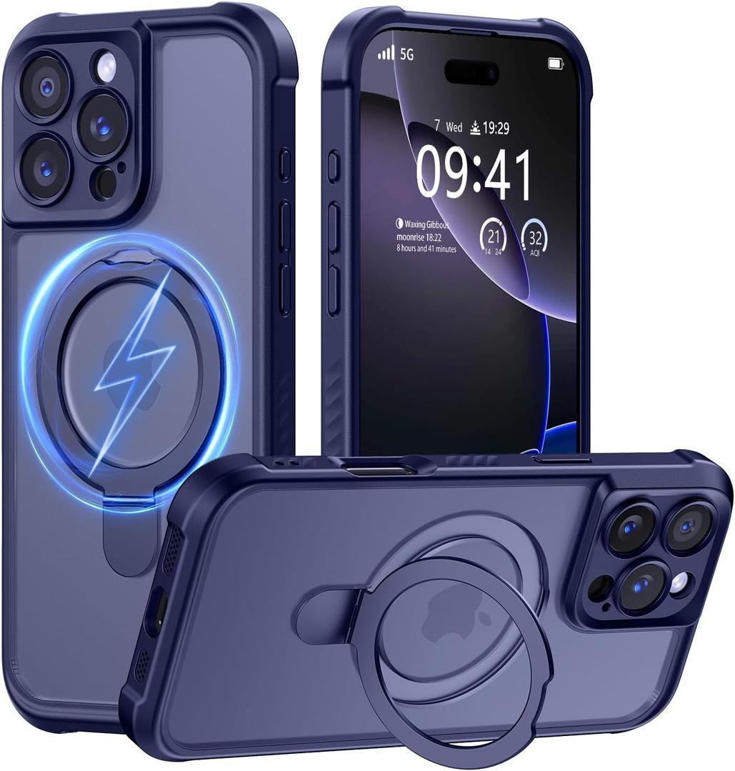 MOCCA Design for iPhone 16 Pro Max Case with Magnetic Invisible Stand [Full Camera Protection] [Compatible with Magsafe] Military Drop Shockproof Translucent Matte Phone Case Cover 6.9",Deep Blue