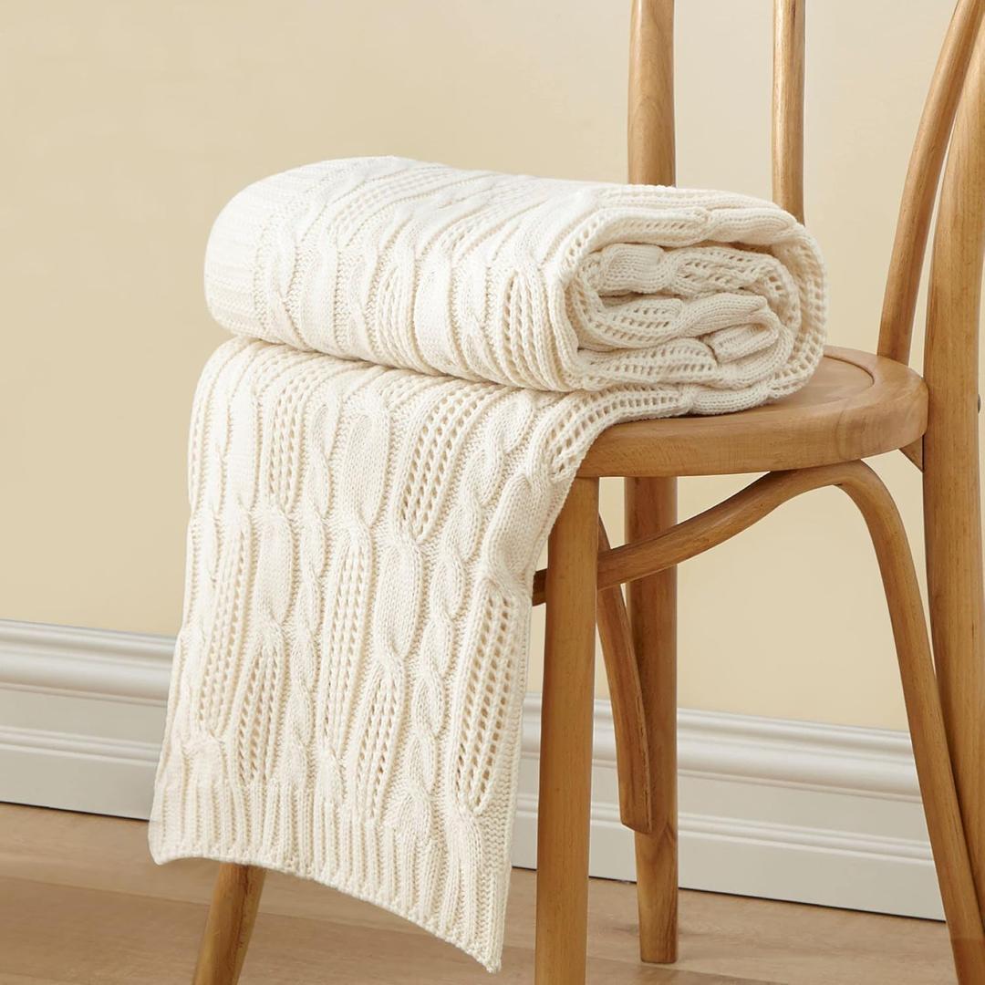 Aormenzy Cable Knit Throw Blankets 50 x 60 Inches, Soft Cozy and Lightweight Knitted Blanket, Machine Washable Acrylic Blanket, Decorative Throw Blanket for Couch Sofa Bed, Cream White