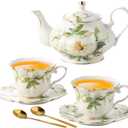TATSUMI Country Roses Porcelain Tea Set, European Ceramic tea set for one or two,Vintage Style, For Women and Tea Parties (Green, 7 Pieces Set)