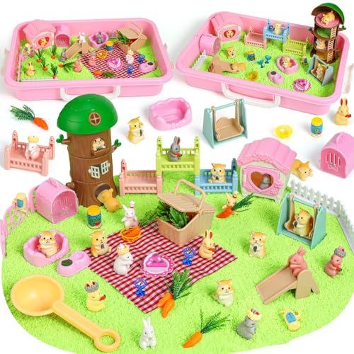 KNASON Rabbit and Hamster Sensory Bin,Play Sand Kit for Girls and Boys with 2.2lbs Sensory Sand and Box,Pet Sandbox Toys Role Pretend Play Beach Toy Birthday Present for Toddler Ages 3 4 5 6 7 8