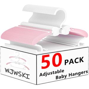 Baby Clothes Hangers, 11-14.5" Adjustable Kid Hangers for Newborn Closet, Plastic Small Infant Hanger for Toddler Pant, Child Coat Hanger for Boy Nursery Clothing, Girl Dresses, 50 Pack (Pink)