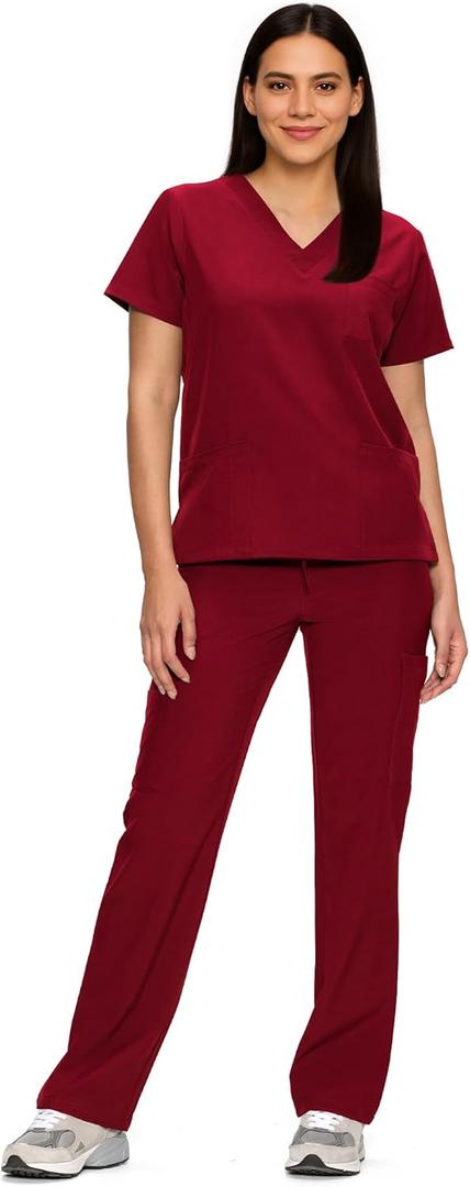 floralhue Scrubs for Women Set, Medical Women Scrubs, V-Neck Top and Straight Leg Pants with 11 Pockets (Relaxed Fit) (Large, Burgundy)