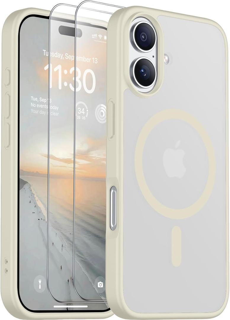 SPIDERCASE Designed for iPhone 17 Case, Magnetic Translucent with [2PCS Tempered Glass Screen Protector] [Military Grade Drop Protection] Anti-Fingerprint Phone Case for iPhone 17 6.3", Antique White