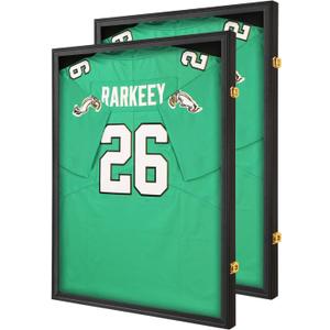 Jersey Frame Display Case 2 Pack for Wall ,Large Lockable T-Shirt Shadow Box with Clear UV Protection Acrylic & Hangers for Football Basketball Baseball Soccer Hockey, Matte Black