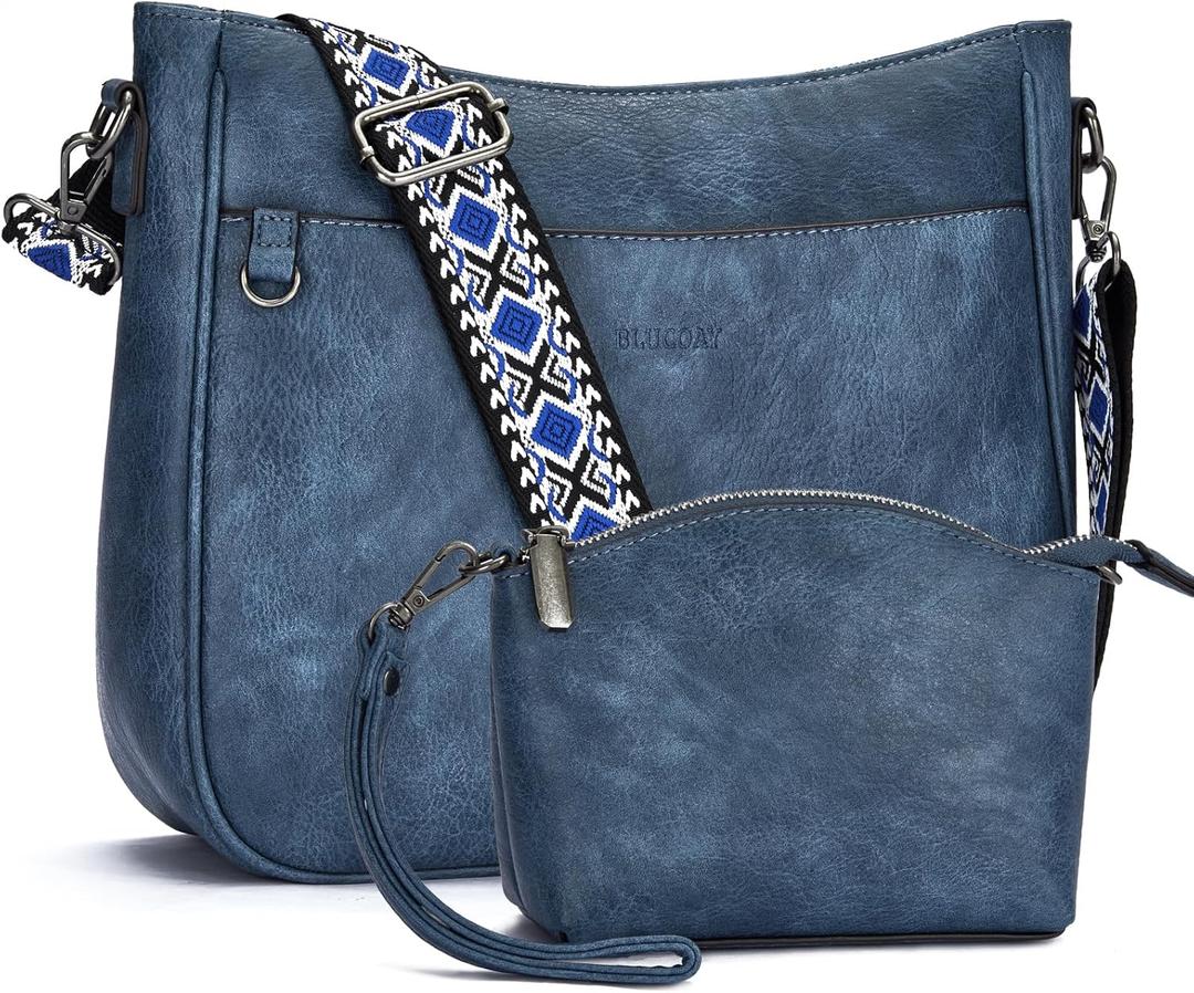 2PCS/Set Crossbody Bags Purses for Women,Vegan Leather Hobo Bags Wallet Set,Shoulder Handbags With 2 Adjustable Strap (B4-blue)
