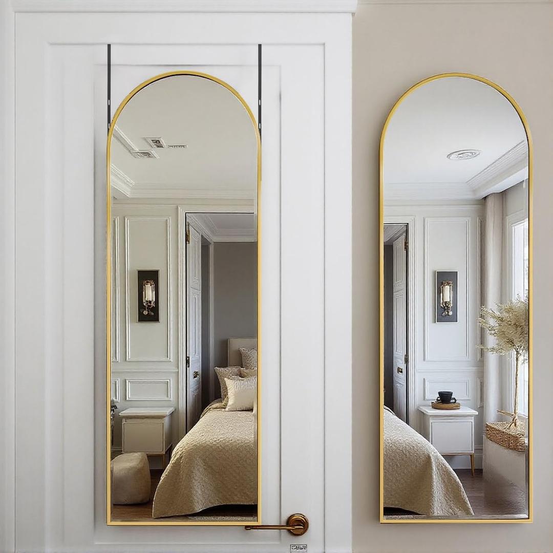 DMWOODFL Arched Over The Door Mirror 50x16 Full Length Hanging Mirror with Adjustable Height, Space-Saving, Shatterproof Tempered Glass & Aluminum Alloy Frame for Bedroom, Dorm, Entryway, Gold