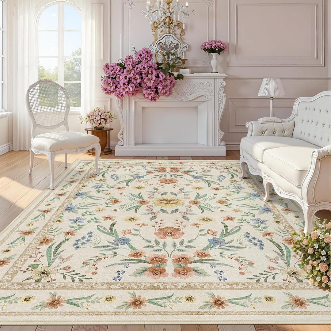 Beige Floral Area Rug 6x9,Neutral Washable Girls Bedroom Rug for Nursery, Playroom or Kids Room,Soft Non-Slip Carpet for Baby Room and Modern Home Decor