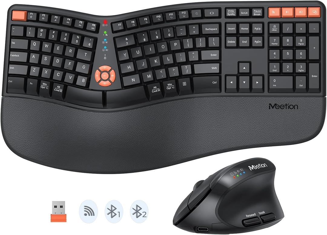 MEETION Ergonomic Keyboard and Mouse Wireless Combo, Bluetooth/2.4G Ergo Split Keyboard with Palm Rest, 4 DPI Adjustable Wireless Mouse, Full Size Rechargeable Keyboard Mouse for Windows/Mac/Android
