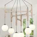 Large Rustic Antique White Wood Chandeliers for Dining Room Light Fixture Over Table Hanging, 6-Lights Farmhouse Milk Glass Globe Chandelier for Stairwell Kitchen Island Living Foyer Bedroom