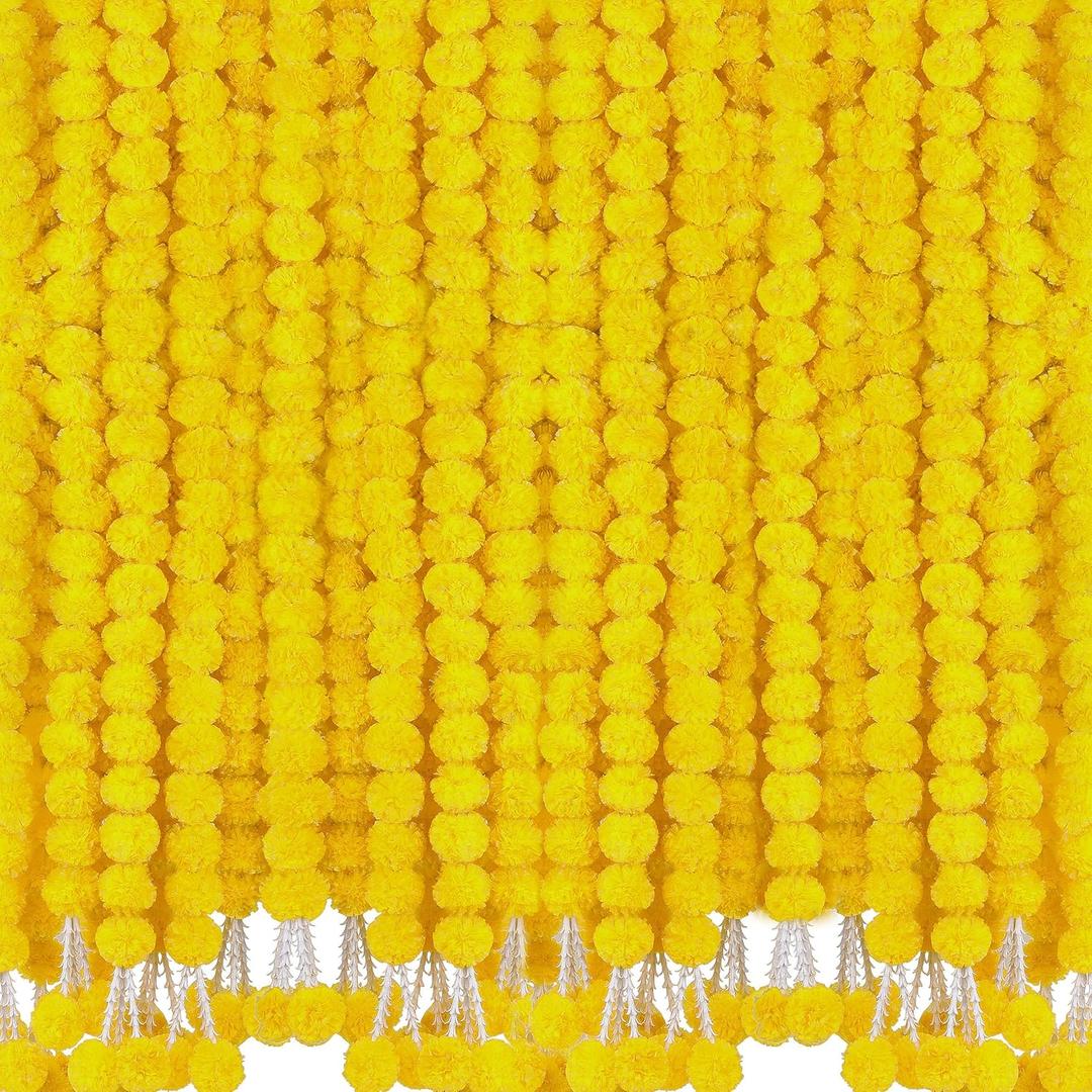 6 Pcs 5 Feet Long Strands Marigold Flowers Garland with Pendant Indian Wedding Decoration Artificial Decorations for Altar Faux Flower for Diwali, Pooja, Bush Floral Party (Yellow)