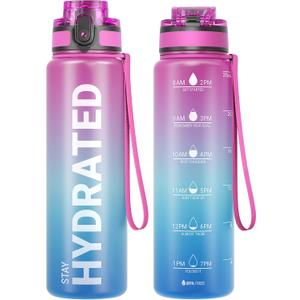 Sahara Sailor Water Bottle, 32/25/17oz Durable and Leakproof Water Bottles Motivational with Time Marker, Tritan, BPA Free, Wide Mouth with Easy Clean Brush for Gym, Travel, School, Office (1 Bottle) (25.4 Ounces, Aurora Borealis)