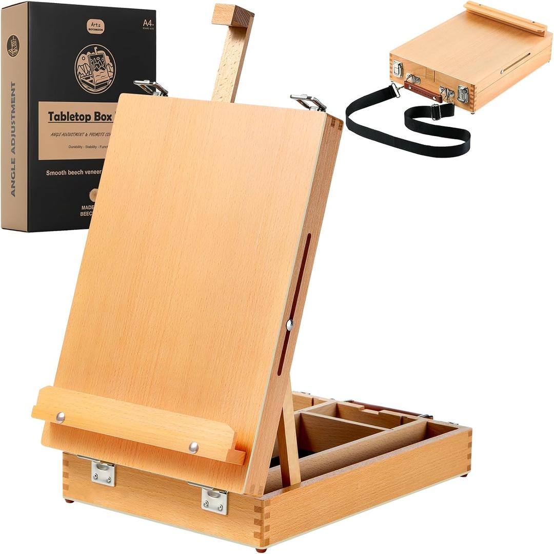 Beechwood Tabletop Easel for Painting, Portable Adjustable Sketchbox Art Easel Stand with Detachable Shoulder Strap for Beginners and Art Lovers