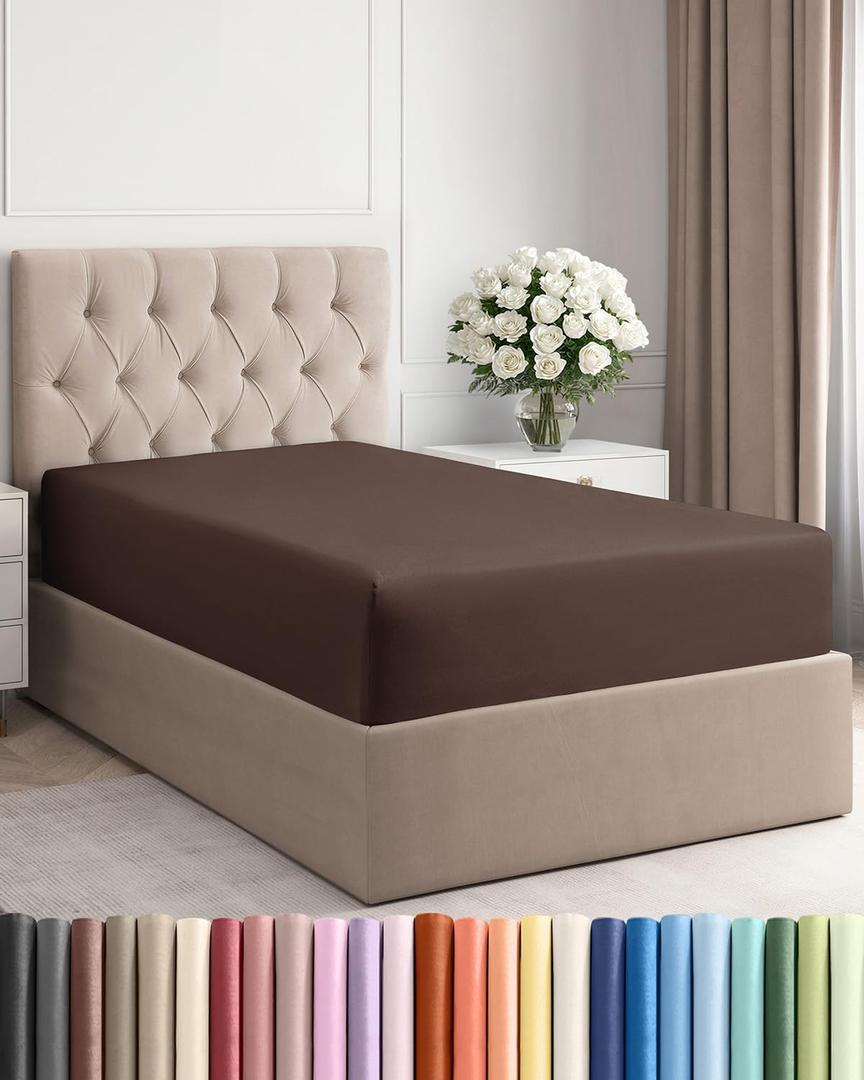 Twin XL Fitted Bed Sheet - Bottom Single Fitted Sheet Only - Ultra-Soft Hotel Luxury Bedding w/ 8-16 Inch Deep Pockets - Breathable, Cooling & Wrinkle Free - Easy-Fit, Fade & Shrink Resistant - Brown