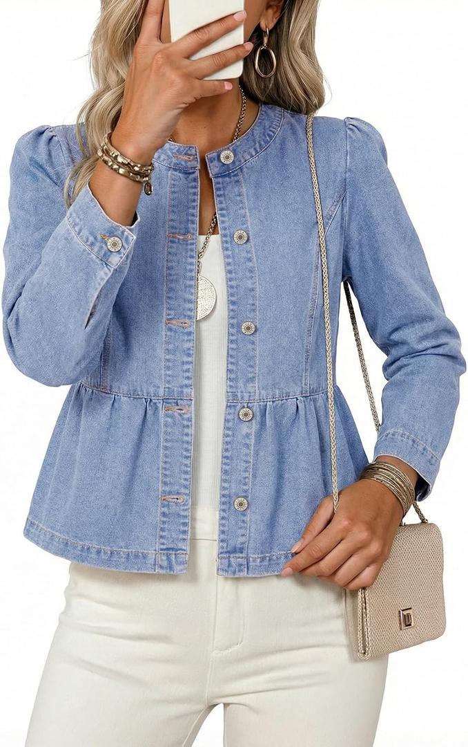 Dokotoo Cropped Jean Jacket Women Button Down Long Sleeve Collarless Cinched Waist Denim Jackets