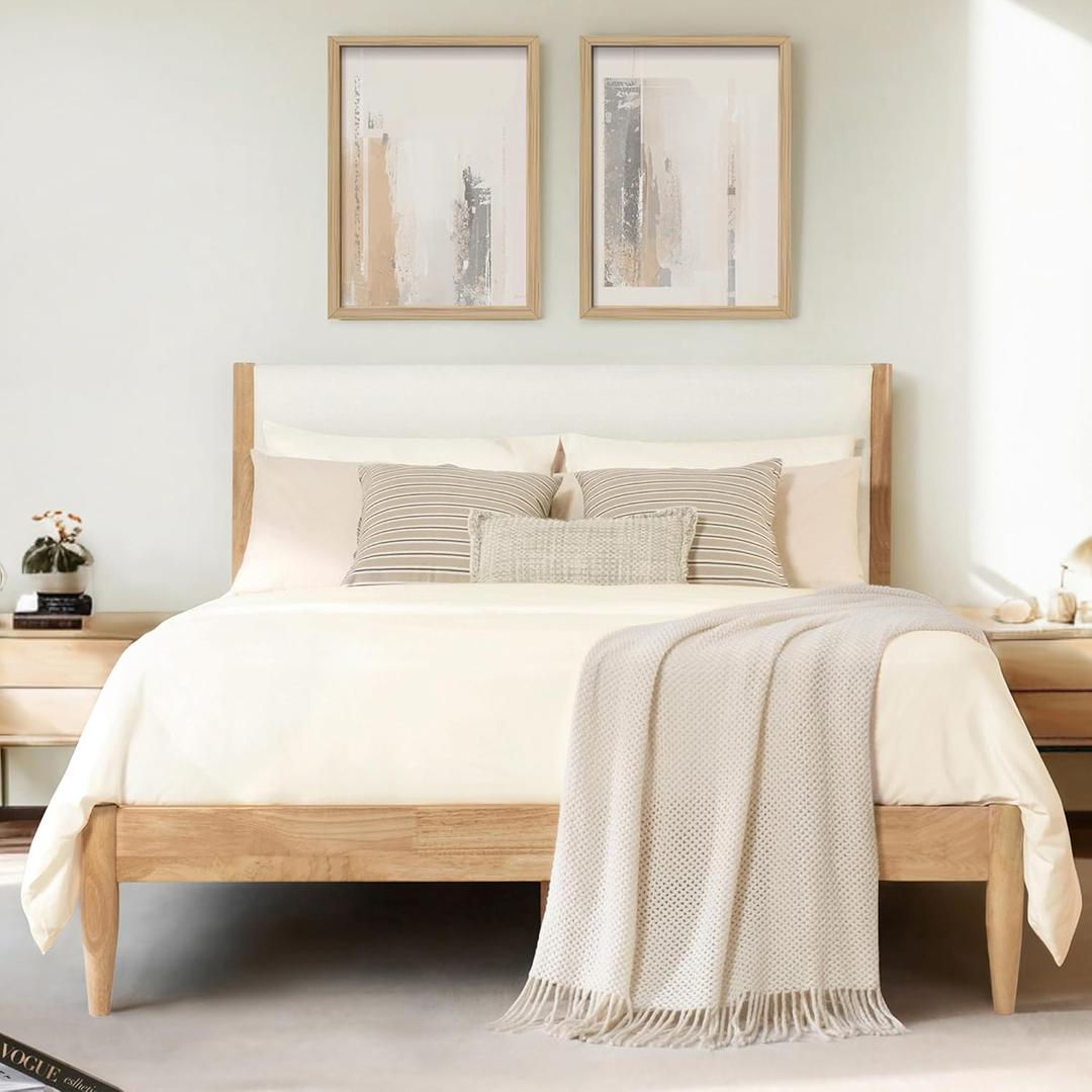 KISLOT Wood Bed Frame with Upholstered Headboard Wooden Platform with Silent Slat Support Mattress Foundation No Box Spring Needed, Easy Assembly, Queen