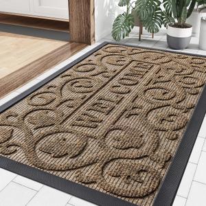 Smiry Welcome Door Mat Outside Entrance, Heavy Duty Trap Dirt and Moisture Easy Clean Low Profile Patio Porch Indoor Outdoor Front Doormat for Entry, 35x23 Inch, Brown