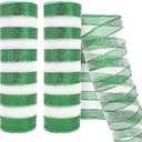 Rilisili 2 Rolls Green White Stripe Metallic Mesh Ribbon 10 Inch X 10 Yards(30 Feet) for Party Wreath Swags Wedding Home Decor Valentine's Day Christmas Decoration