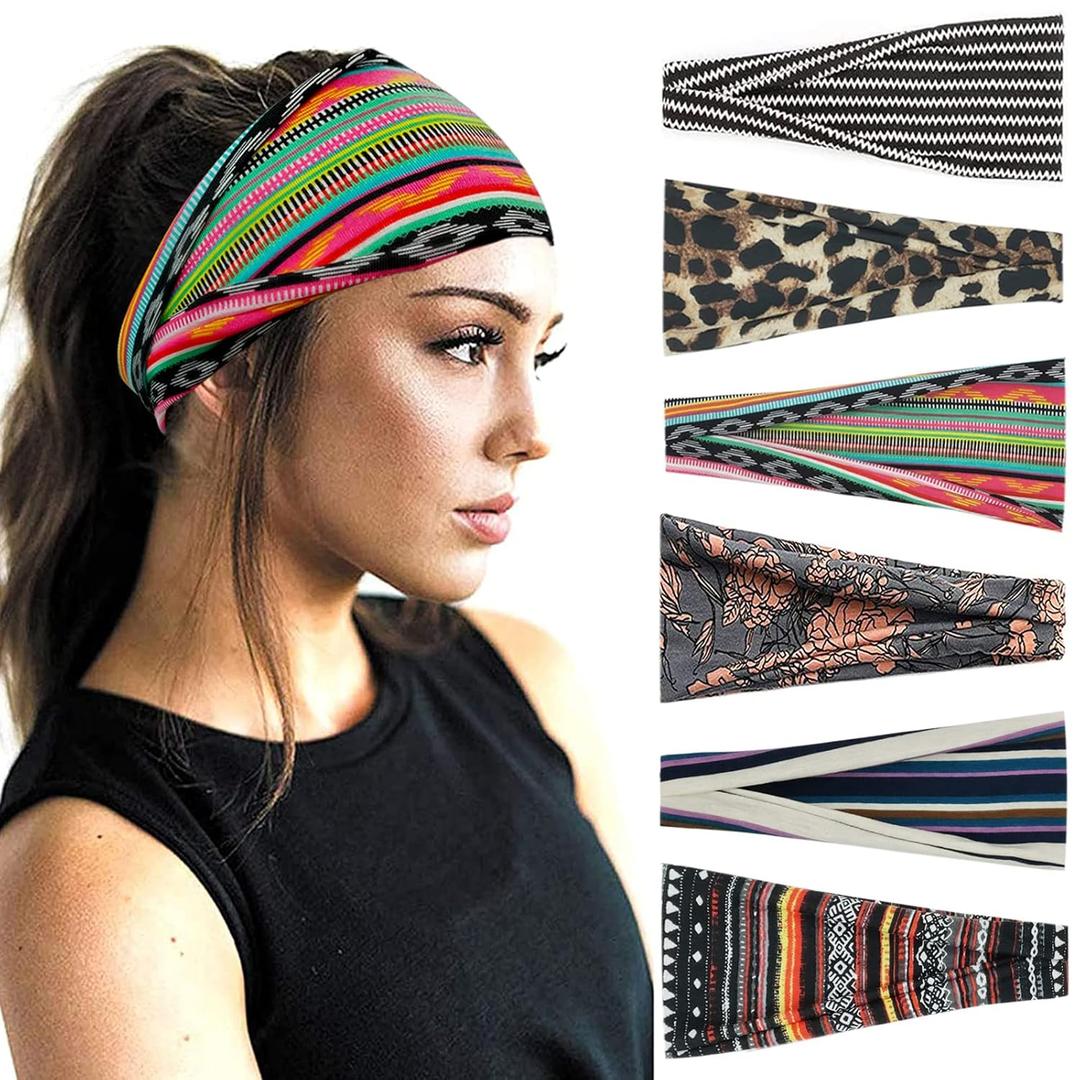 YONUF Boho Headbands For Women Fashion Wide Headband Yoga Workout Head Bands Hair Accessories Band 6 Pack (Flower4)