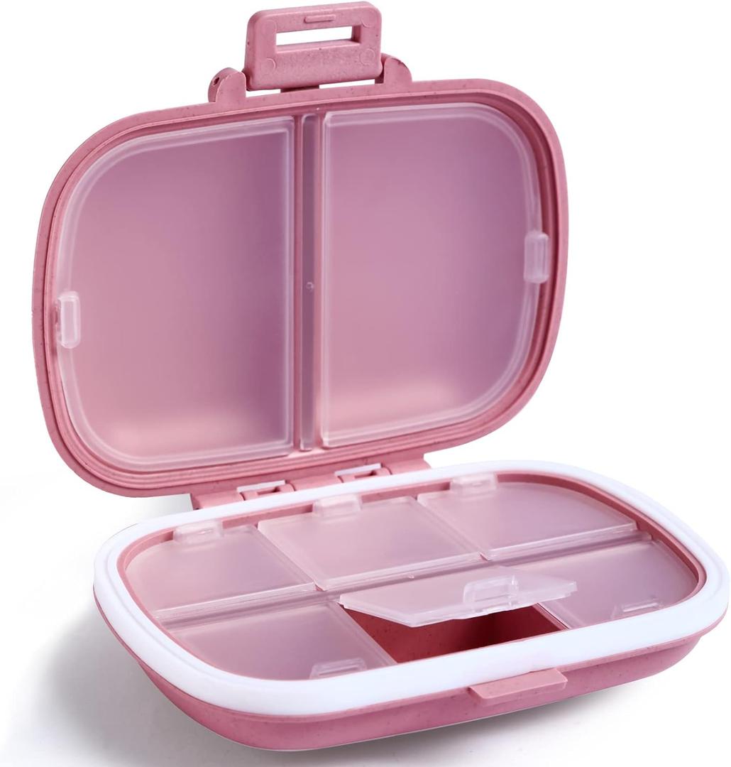 Holii Travel Pill Organizer, 8 Compartments Portable Pill Case, Daily Pill Box to Hold Vitamins, Small Pill Container for Pocket Purse Medicine OrganizerPink (Pink)