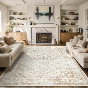 6x9 Area Rugs Washable Rug: Lagre Soft Living Room Rug Anti-Skid Indoor Floor Thin Carpet Vintage Stain Resistant Carpets for Bedroom Dining Room Farmhouse Nursery Office Beige