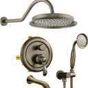 Antique-Brass Shower-system with Tub Spout: 9 inch Rain Faucets Set in Wall, Rainfall Head and Handheld Spray, 3 Way Diverter Brass Valve with Trim Kit