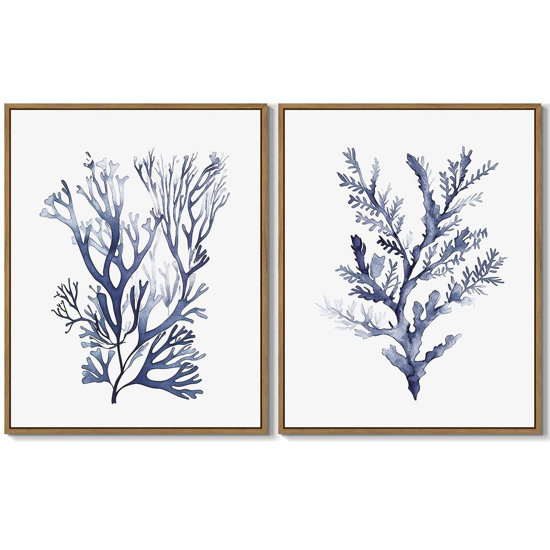 LHZSJWDCCR Sea Coral Wall Art Navy Blue Ocean Coral Painting Prints Coastal Beach Themed Picture Watercolor Corals Wall Decor Framed for Living Room Bedroom Bathroom Decoration Gifts - 11"x14"x2Pcs