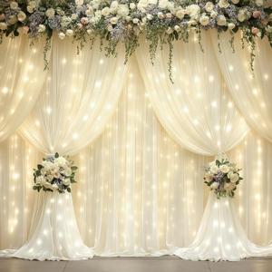 10x10ft Ivory Backdrop Curtains with Lights Photo Drapes Wrinkle Free Fabric Backdrop Curtain for Wedding Birthday Party Baby Shower Bridal Shower Home Party Background Decorations