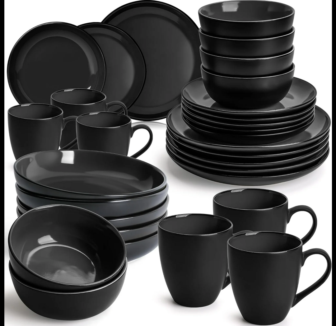 MIAMIO – 30-Piece, Service for 6 Dishware Set/Stoneware Dinnerware Set – Including Plates, Bowls and Mugs – Microwave & Dishwasher Safe – Le Papillon Collection (Black)