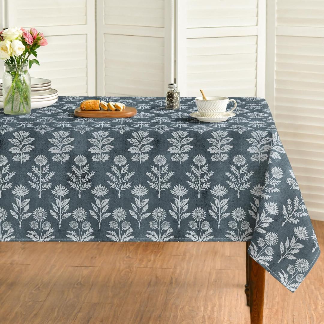 Horaldaily Spring Tablecloth 6084 Inch Rectangular, Dark Teal Traditional Vintage Botanical Pattern Daisy Flower Washable Seasonal Table Cover for Party Picnic Dinner Decor