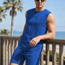 JMIERR Men's Retro Washed Sleeveless T-Shirt & Shorts Set, L, Blue