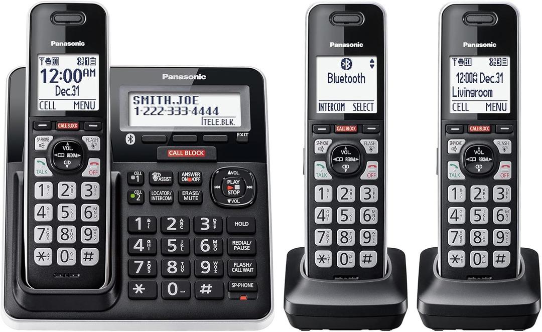 Panasonic Cordless Phone with Advanced Call Block, Link2Cell Bluetooth, One-Ring Scam Alert, and 2-Way Recording, Phone with Answering Machine, 3 Handsets - KX-TGF973B (Black/Silver Trim)
