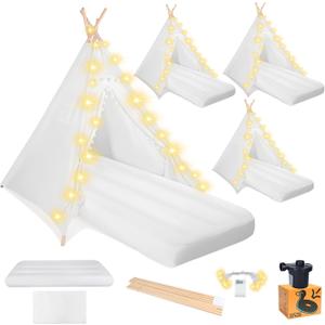 Sleepover Tents for Kids Party, 4-Set Teepee Tent for Kids Slumber Party Tents with Inflatable Airbed, Light String, Washable Tent Natural Cotton Toddler Play Bed Tent for Boys Girls (White) (air Pump Included)
