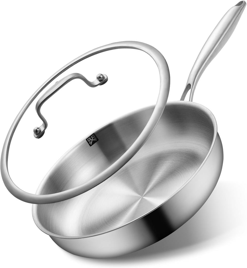 GOLDEN KEY 12 Inch Tri-Ply Stainless Steel Frying Pan with Lid - PFOA/PTFE-Free, Even Heating, All Cooktop Compatible, Oven Safe 500F, Dishwasher Safe for Searing, Sauteing, Roasting & Frying