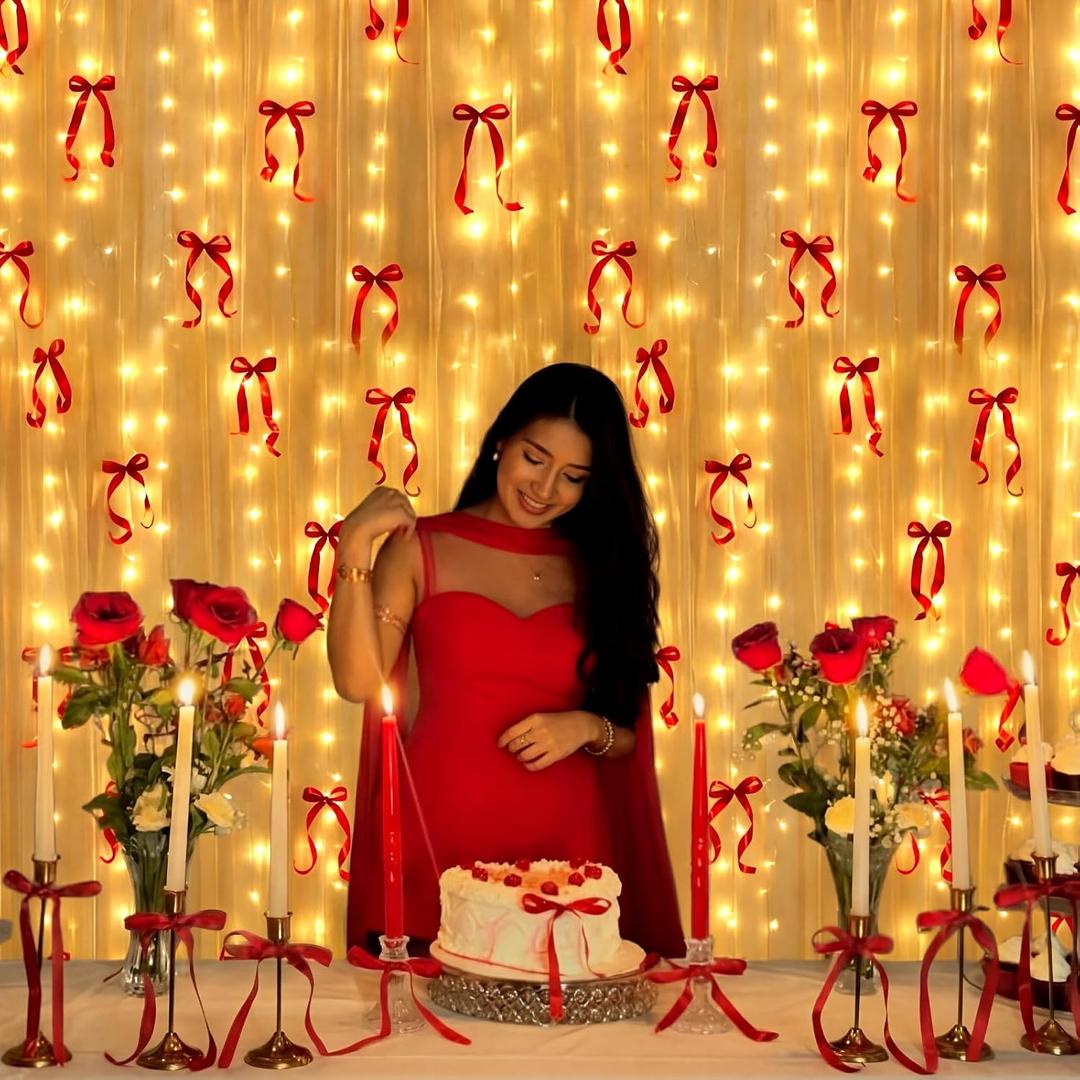 Lewtemi Red Bow Garland with Curtain String Lights Mothers Day Birthday Party Decorations String Lights Red Bow Garland Romantic Window Decor for Wedding Anniversary Valentines Day Party Decoration