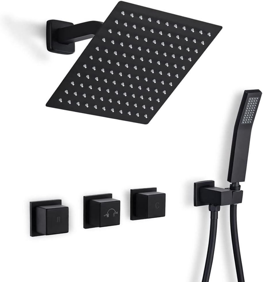 3 Handles Tub Shower Faucet Matte Black Shower System Set with High Flow Rain Shower Head and Handheld Spray Combo, Wall Mount Shower Trim Kit with Valve