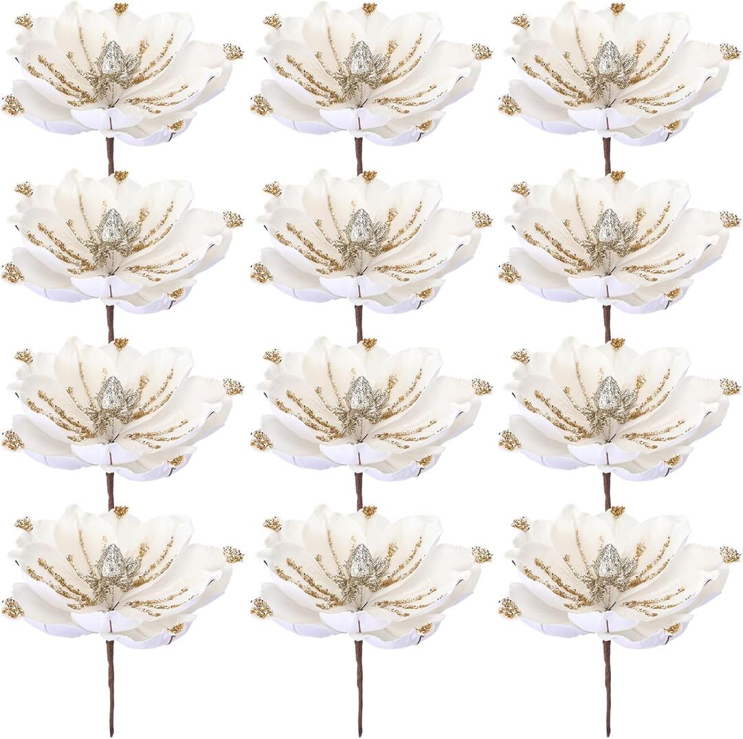12 Pcs Large Glitter Christmas Artificial Magnolia Flowers 9.4 Velvet Christmas Poinsettia Ornaments Picks Magnolia Flowers for Xmas Tree Wreath Wedding Garland Decorations (Apricot)