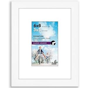 6x8 Picture Frame with Shatter-Resistant Glass - Use as 3x5 Frame with Mat or Display 6x8 Photo Without Mat - Signature Collection - Picture Frames for Tabletop and Wall Display - White
