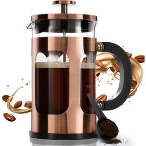 BAYKA French Press Coffee Tea Maker Small, Heat Resistant Thickened Borosilicate Glass Stainless Steel Single Serve Brewer, Cold Brew Cafetera Teapot, 21 Ounce 0.6 Liter,Copper