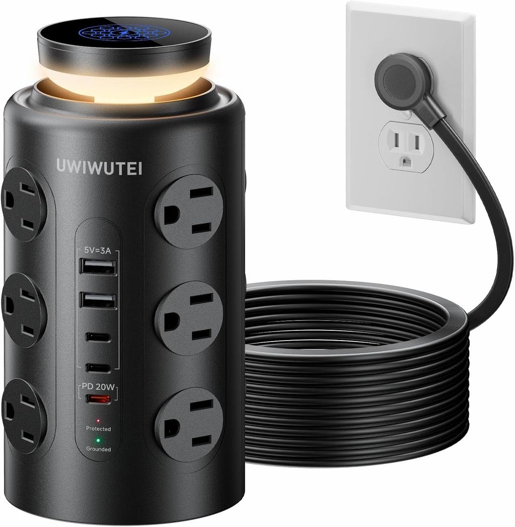 Tower Power Strip with Night Light,PD20W USB C Power Strip Tower with Multiple Outlets, 12 Outlets,5 USB Ports (3 USB-C), 6FT Extension Cord Desk Charging Station for Home,Office,Dorm Essentials,Black
