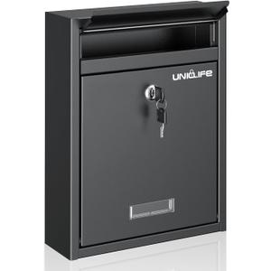 Uniclife Wall Mount Mailbox for Outside, Locking Mail Box, Large Mailbox with Key Lock, Security Mail Box for House, Safe Key Drop Box, Post Box, Steel Cash Drop Box for Home Office School, Black