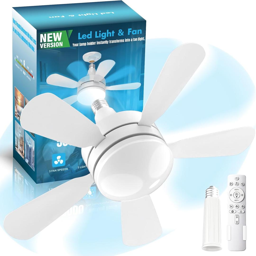 17.7" Socket Fan Light, 3000 Lumens Small Ceiling Fans with Lights and Remote, E26/E27 Light Bulb Fan with Reversible Motor, Dimmable 3000K-6500K Light Socket Fan for Bedroom Kitchen Garage, White