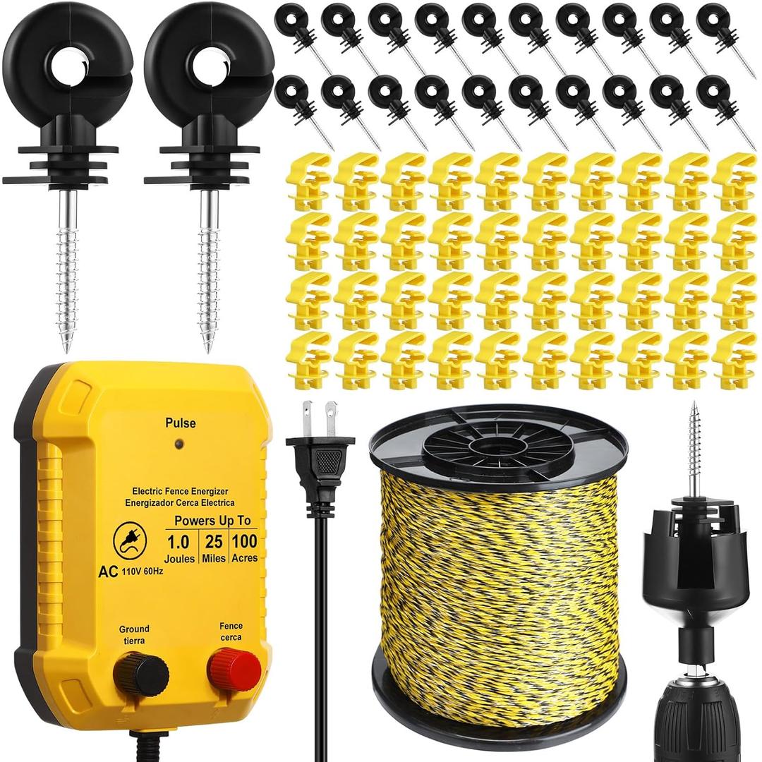 MorningRo Electric Wire Fence Kit, 25 Mile 110VAC 1 J Plug in Fence Charger with 3366 FT Polywire, 40 T Post Insulators, 20 Screw in Insulators for Pasture Farm Horse Cattle Poultry Fencing